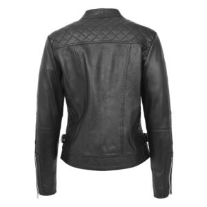 Back view of Women's Soft Leather Casual Zip Biker Jacket Ruby Black