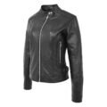 Front view of Women's Soft Leather Casual Zip Biker Jacket Ruby Black