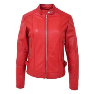 Womens Soft Leather Casual Zip Biker Jacket Ruby Red