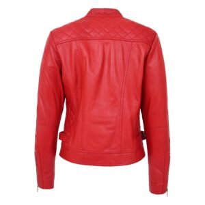 Back view of Women's Soft Leather Casual Zip Biker Jacket Ruby Red