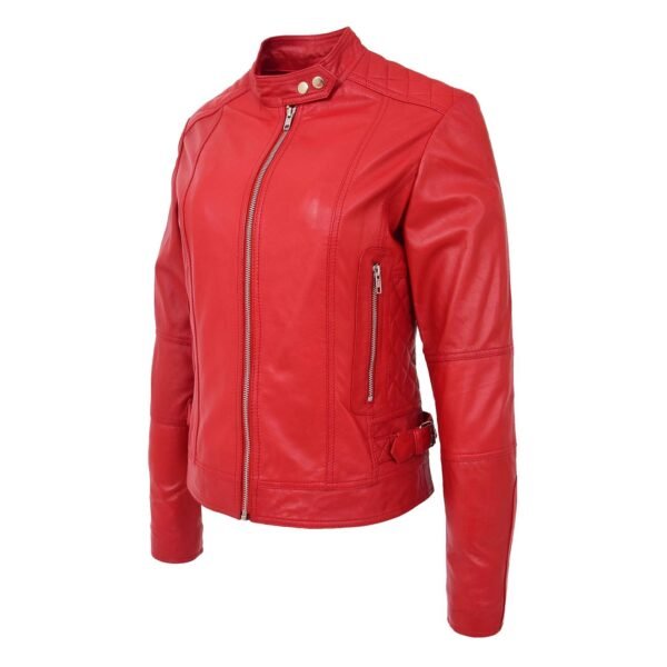 Front view of Women's Soft Leather Casual Zip Biker Jacket Ruby Red