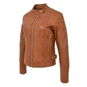 Front view of Women's Soft Leather Casual Zip Biker Jacket Ruby Tan