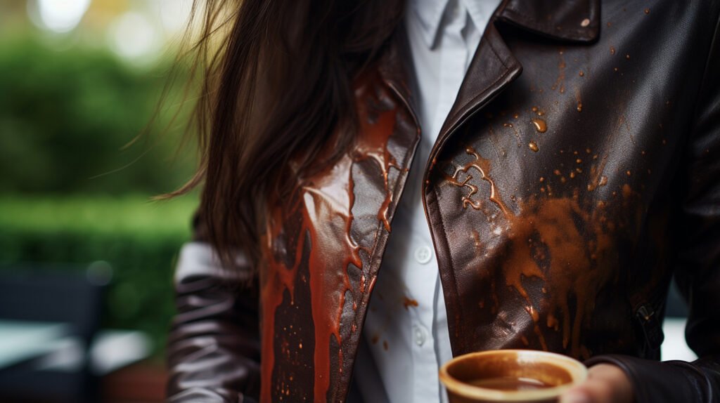 Close-up of a person wearing a brown leather jacket stained with spilled coffee, holding a cup with the coffee splashing out, set against a blurred outdoor background