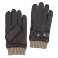 Pair of Dark brown leather gloves with a ribbed knit cuff in a beige tone, featuring a stylish strap and snap button detail at the wrist for a secure fit and added warmth