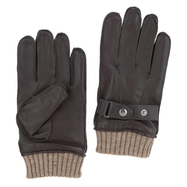 Pair of Dark brown leather gloves with a ribbed knit cuff in a beige tone, featuring a stylish strap and snap button detail at the wrist for a secure fit and added warmth