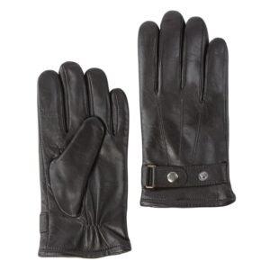 Brown leather gloves with a sleek, smooth finish, featuring an adjustable strap with a metal snap button at the wrist and subtle stitching details for a refined look