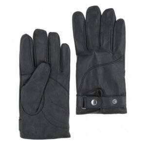 Black leather gloves with a smooth finish, featuring a decorative strap with a snap button closure at the wrist for an adjustable and stylish fit