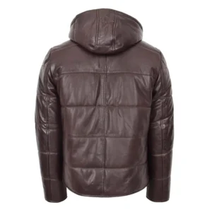 Men's Leather Hooded Puffer Jacket Rory Brown rear view