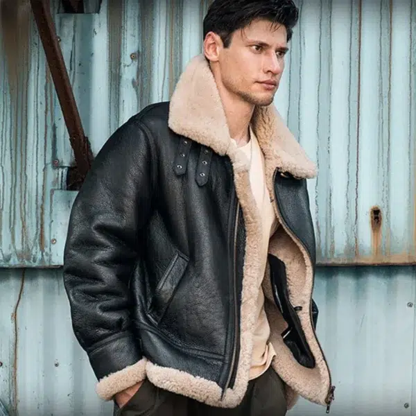 A model wearing a Real Sheep Skin Men’s MF7 Leather Bomber Jacket