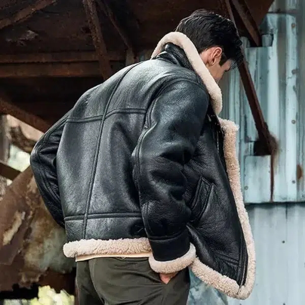 Back view of A model wearing a Real Sheep Skin Men’s MF7 Leather Bomber Jacket