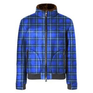 Ramsay Blue Tartan Printed Bendix Knitted Bomber Leather Jacket on a white background