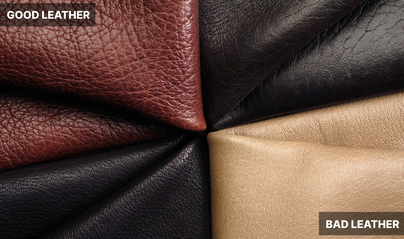 Comparison of good leather versus bad leather, showing textured, high-quality leather on the left and smoother, lower-quality leather on the right