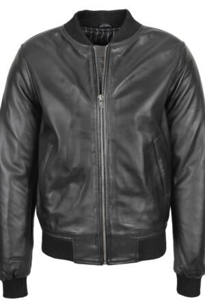 Mens Slim Fit MA1 Leather Bomber Jacket Ryan Black