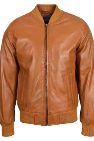 Mens Slim Fit MA1 Leather Bomber Jacket Ryan Tan