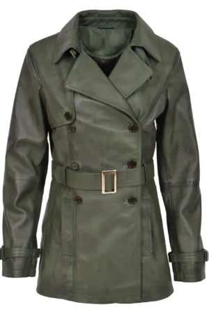 Womens Leather Double Breasted Trench Coat Sienna Green