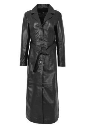 Womens Leather Full Length Classic Coat Gabbie Black