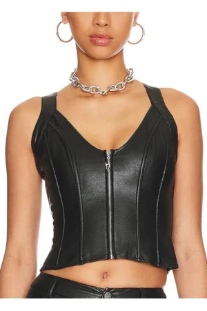 Black Corseted Cisscross Back Women Leather Top