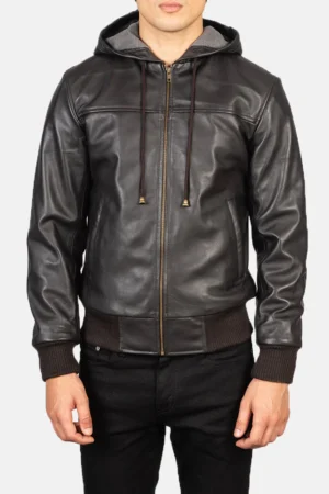 Nintenzo Brown Hooded Leather Bomber Jacket