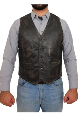 Mens Button Fastening Leather Waistcoat Nick Black Vintage