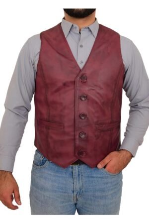 Mens Button Fastening Leather Waistcoat Nick Burgundy
