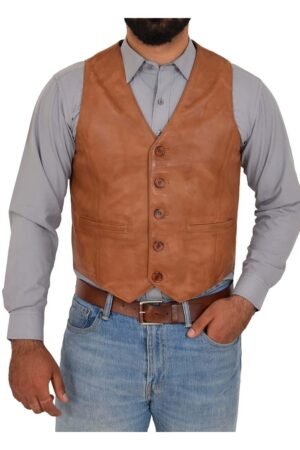 Mens Button Fastening Leather Waistcoat Nick Tan