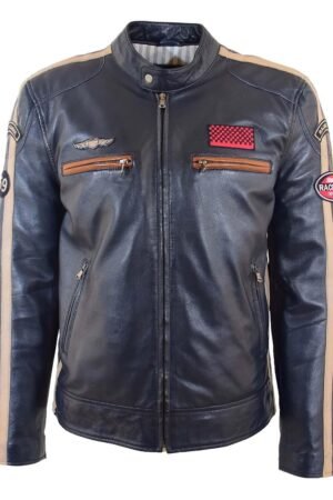 Mens Real Leather Biker Jacket Cafe Racer Style Badges TRON Navy