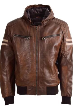 Mens Real Leather Bomber Zip up Detachable Hoodie Jacket Dallas Cognac