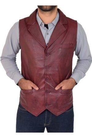 Mens Leather Buttoned Waistcoat Gilet Calvin Burgundy