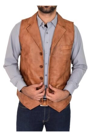 Mens Leather Buttoned Waistcoat Gilet Calvin Tan