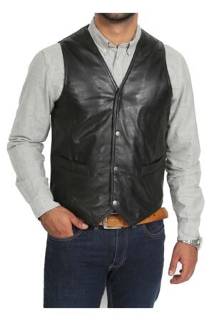 Mens Leather Traditional Waistcoat Petrelli Black