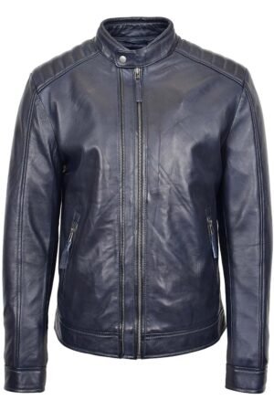 Mens Real Leather Biker Jacket Archie Navy Blue