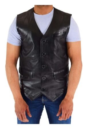 Mens Real Leather Gilet Vest Waistcoat SAM Black