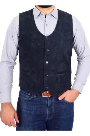 Mens Suede Button Fastening Waistcoat Don Navy