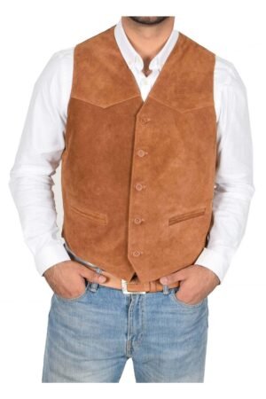Mens Suede Button Fastening Waistcoat Don Tan