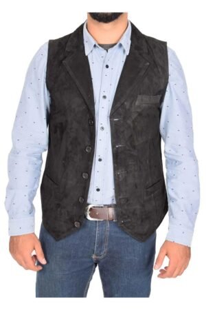 Mens Suede Buttoned Waistcoat Gilet Devin Black