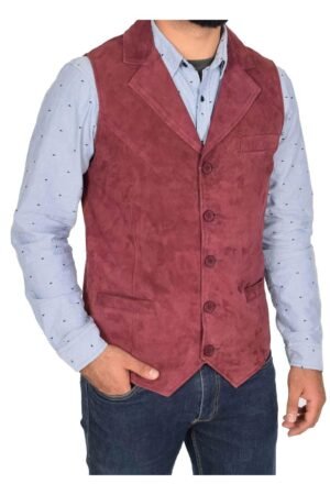 Mens Suede Buttoned Waistcoat Gilet Devin Burgundy