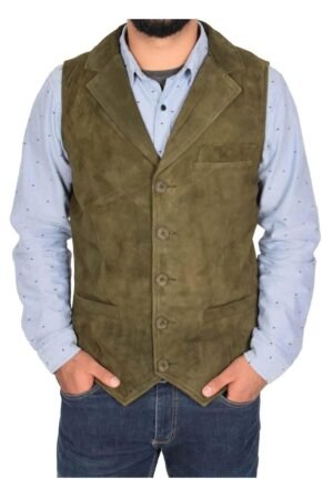 Mens Suede Buttoned Waistcoat Gilet Devin Green
