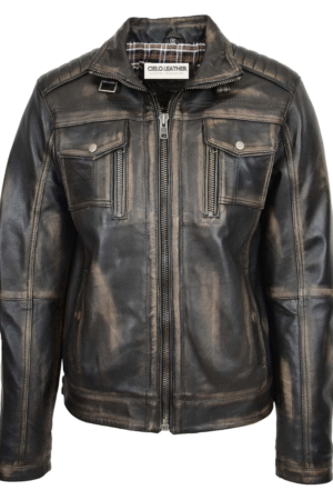 Mens Leather Urban Biker Style Jacket Hugo Rub Off