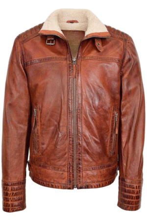 Mens Real Leather Sherpa Lined Jacket Alfie Brown
