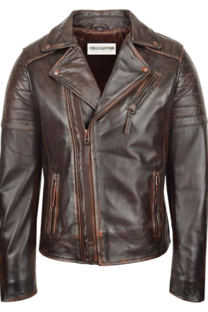 Mens Dual Cross Zip Leather Biker Jacket