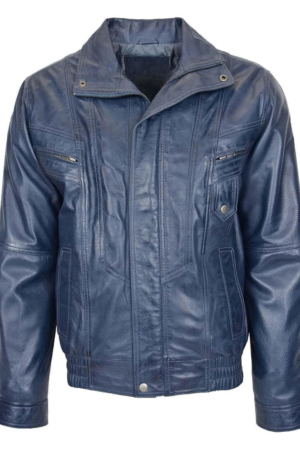 Mens Leather Bomber Blouson Jacket Robert Blue