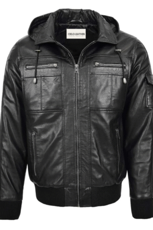 Mens Leather Bomber Jacket with Hoodie Bronx Black