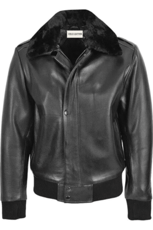 Mens Leather Bomber Pilot Jacket Removable Collar Leroy Black