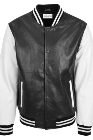 Mens Leather College Boy Varsity Jacket Garry Black White