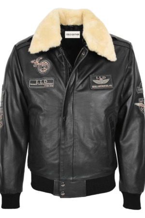 Mens Leather Jacket with Detachable Collar Pilot-N Black