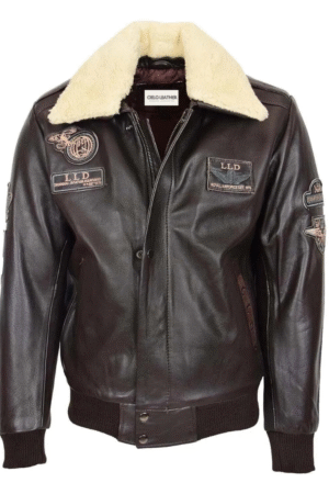 Mens Leather Jacket with Detachable Collar Pilot-N Brown