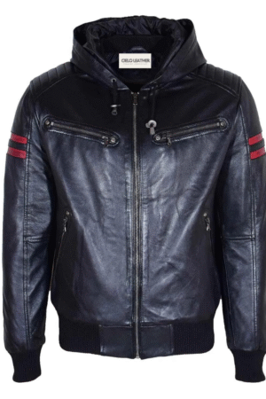 Mens Real Leather Bomber Zip Jacket Hooded RAMMY Black