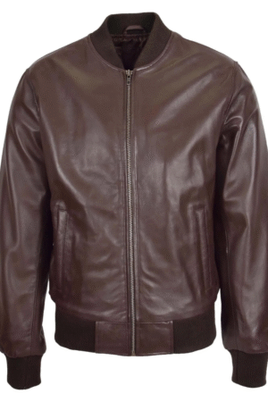 Mens Slim Fit MA1 Leather Bomber Jacket Ryan Brown