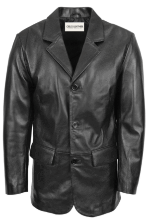 Mens Classic Three Button Soft Leather Blazer David Black