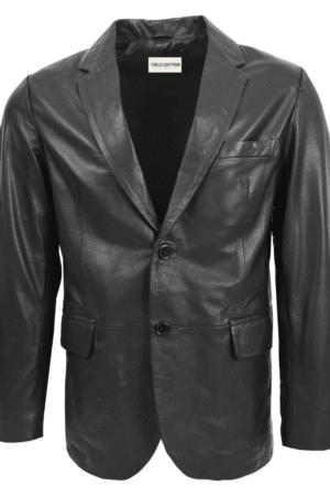 Mens Leather Blazer Two Button Jacket Zavi Black